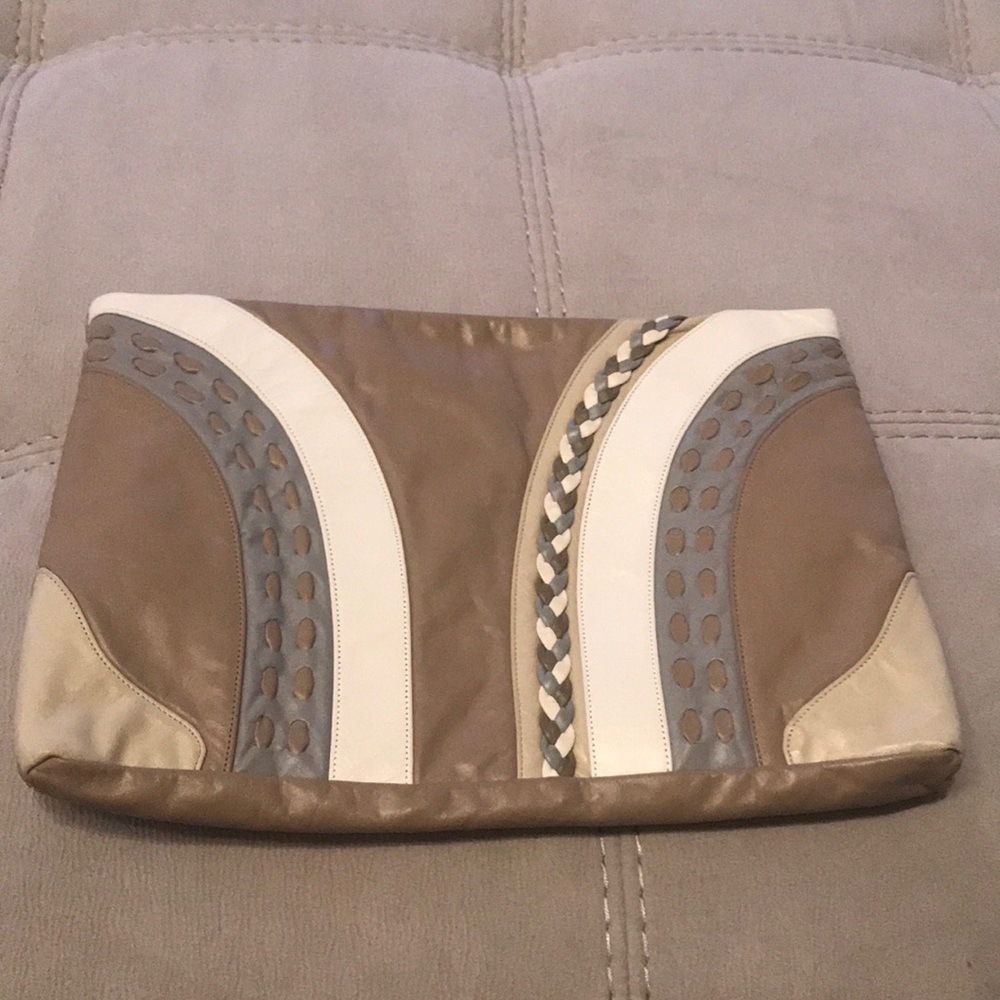 Clutch purse beige and gray and bone and taupe